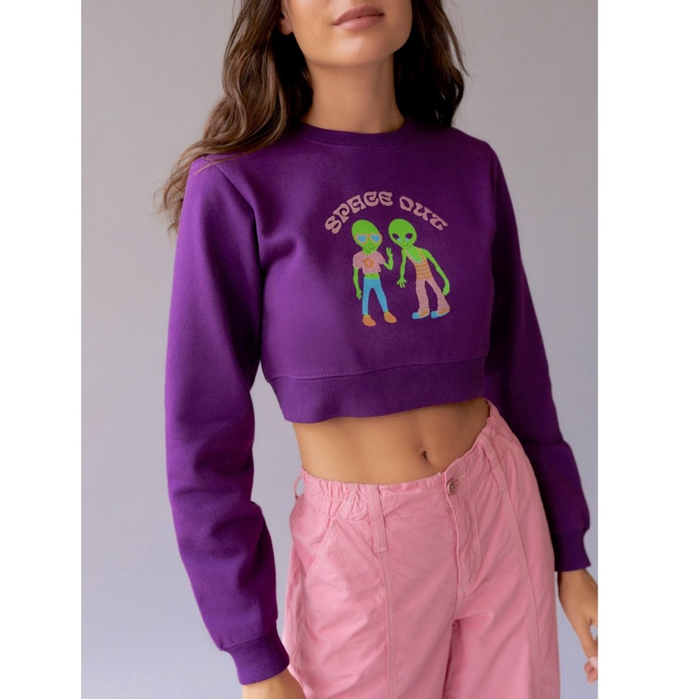 NWT UO Alien Friends "Spaced Out" Glitter Crop Crew Neck Vintage Sweatshirt